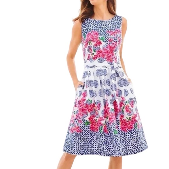 Cotton Talbots Mosaic Floral Blue and White Sleeveless Dress Size 8 Petite - Picture 2 of 12